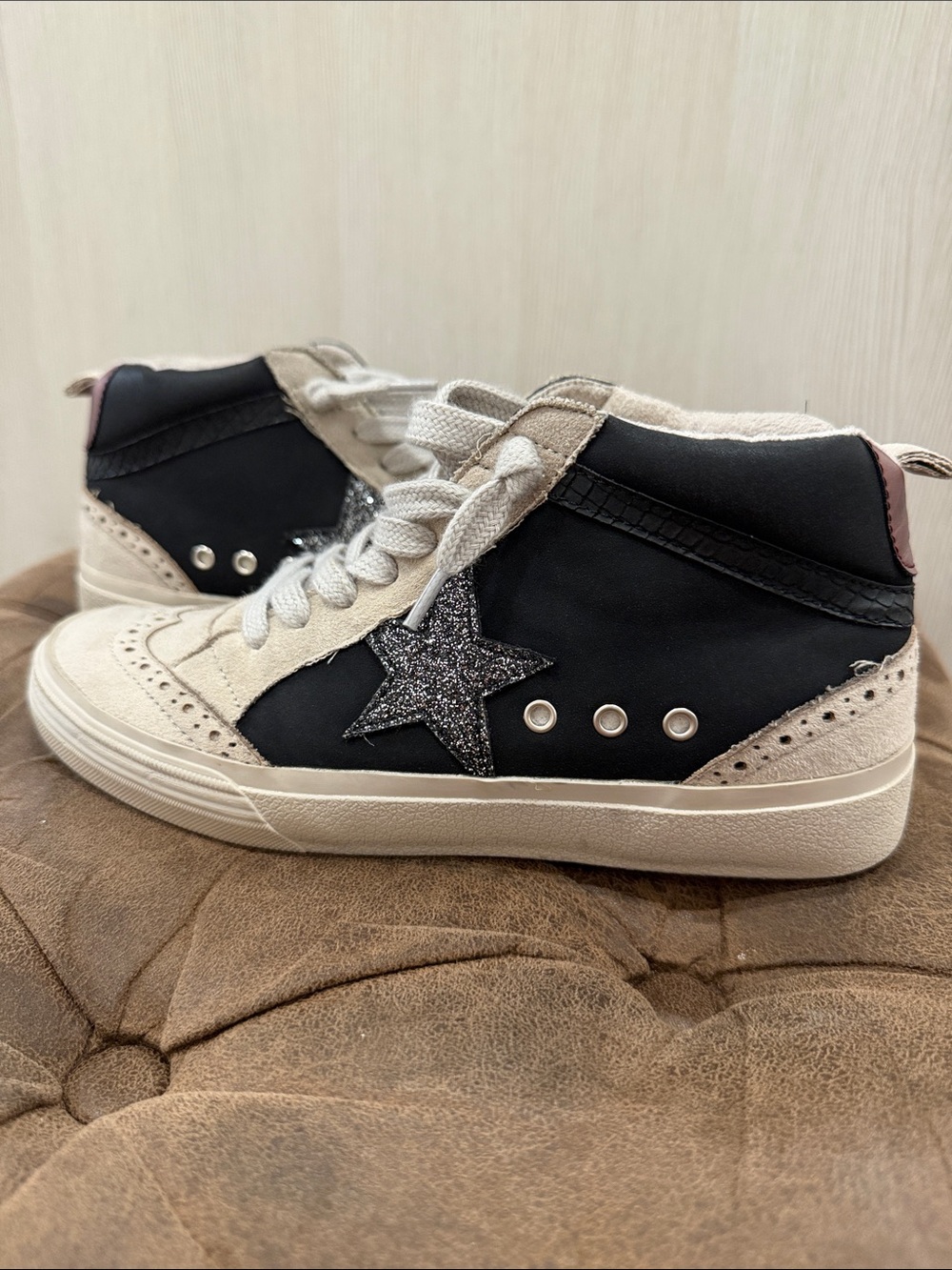 Shu Shop Paulina High-Top Sneakers with Glitter Star - Black & Cream